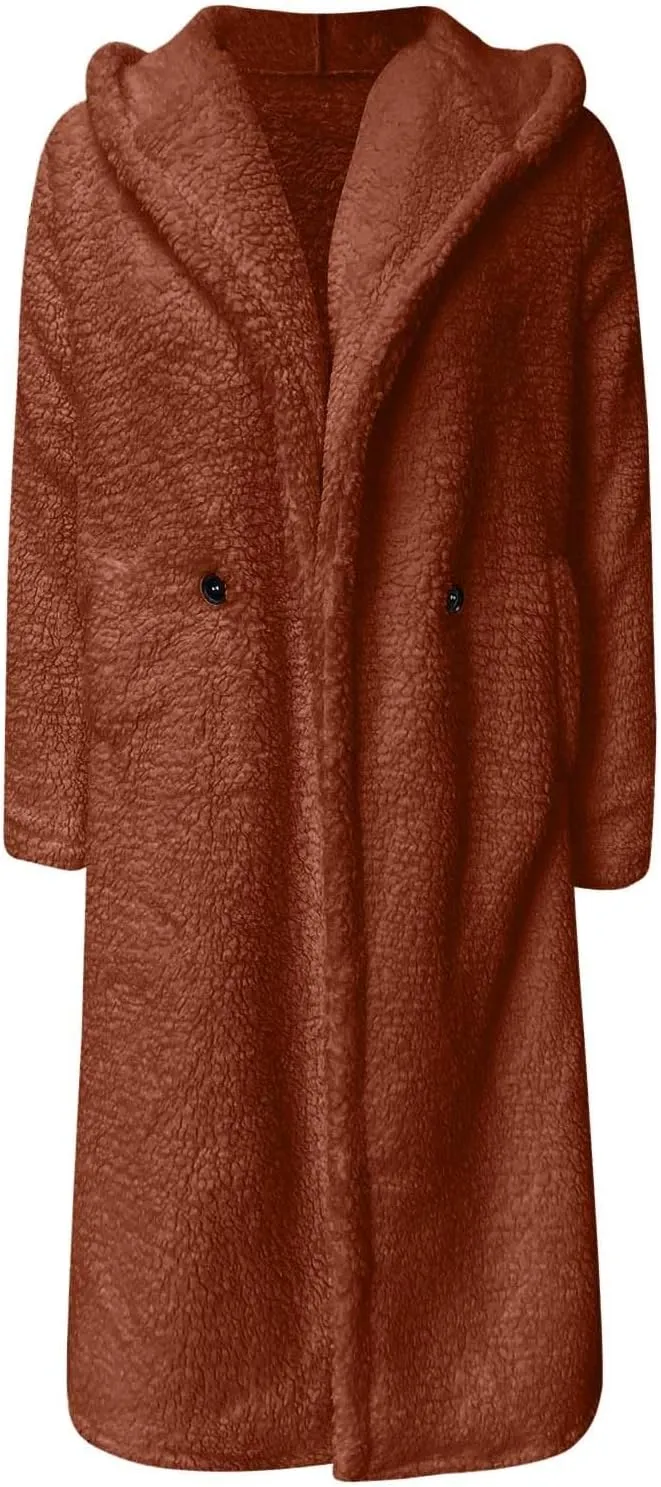 Womens Long Sleeve Jackets Sherpa Lined Solid Color Fuzzy Fleece Open Front Long Jacket Oversized Hooded Cardigan