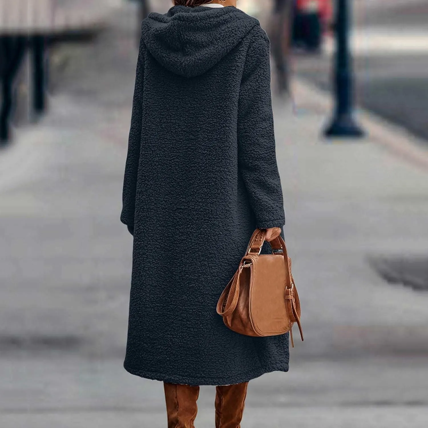 Womens Long Sleeve Jackets Sherpa Lined Solid Color Fuzzy Fleece Open Front Long Jacket Oversized Hooded Cardigan