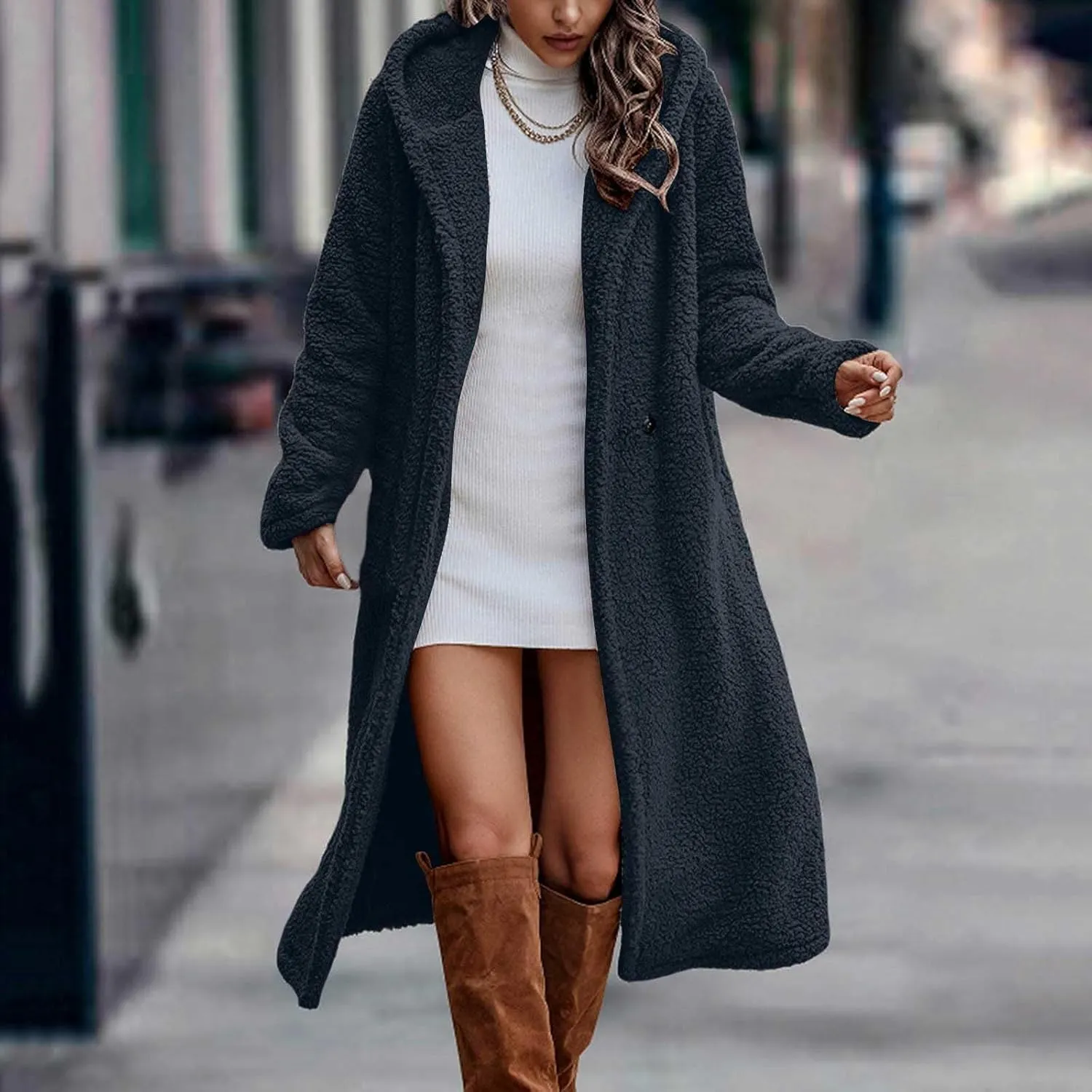 Womens Long Sleeve Jackets Sherpa Lined Solid Color Fuzzy Fleece Open Front Long Jacket Oversized Hooded Cardigan