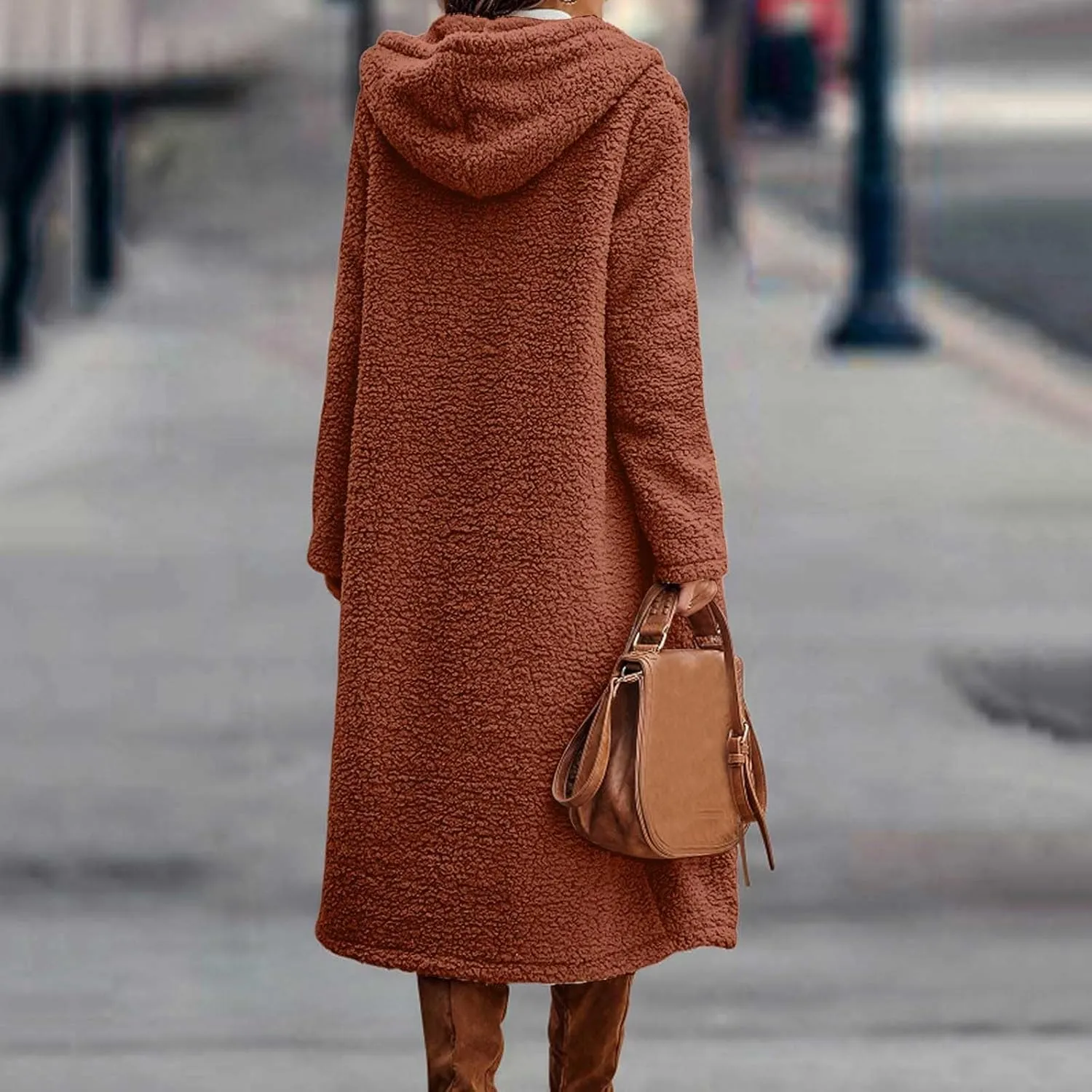 Womens Long Sleeve Jackets Sherpa Lined Solid Color Fuzzy Fleece Open Front Long Jacket Oversized Hooded Cardigan