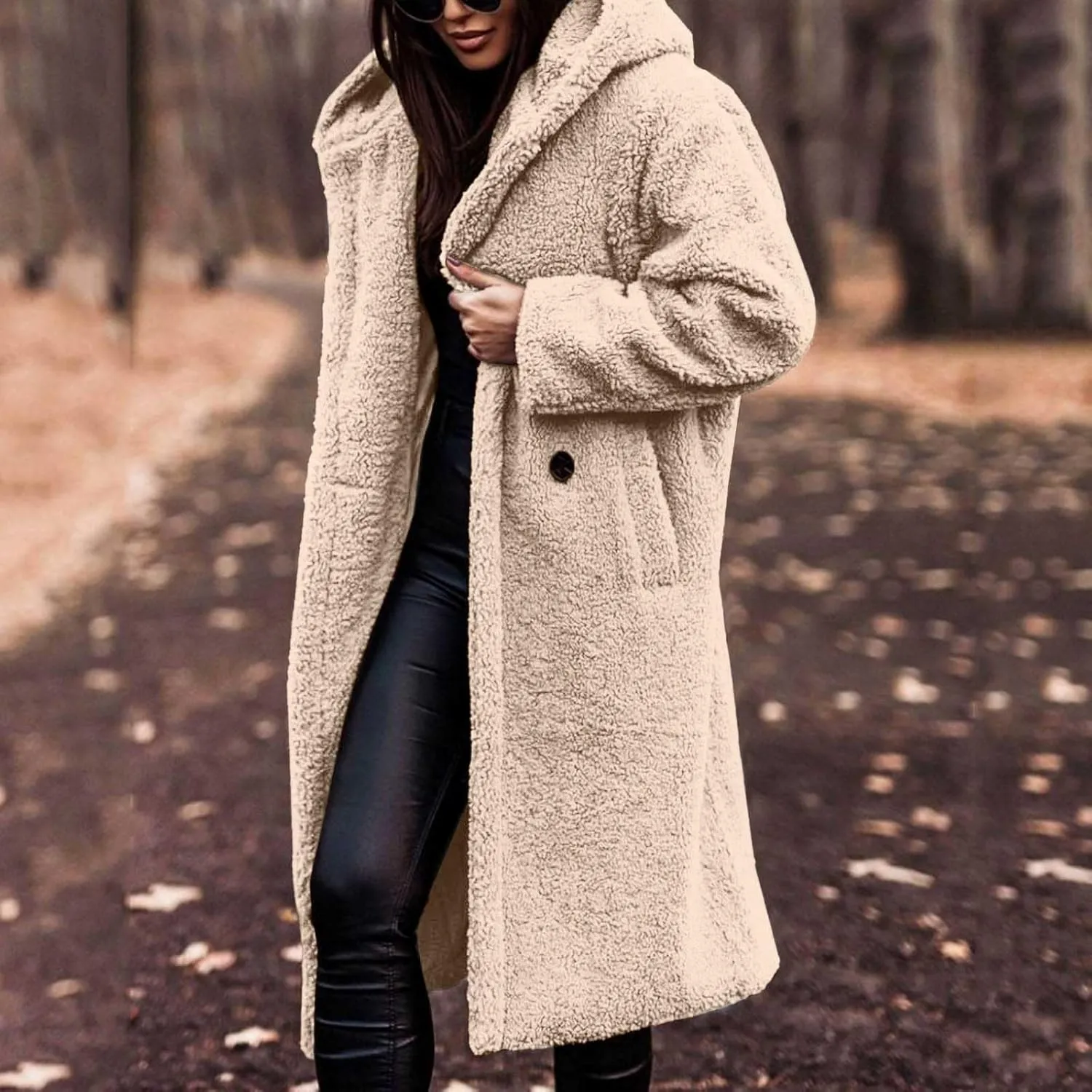 Womens Long Sleeve Jackets Sherpa Lined Solid Color Fuzzy Fleece Open Front Long Jacket Oversized Hooded Cardigan
