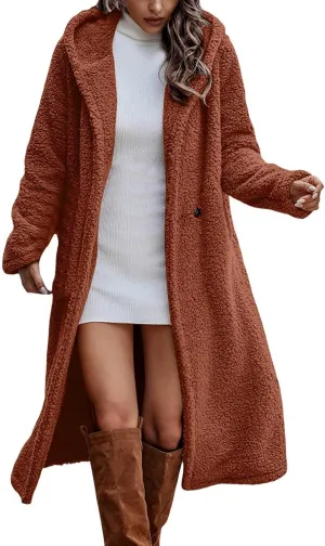 Womens Long Sleeve Jackets Sherpa Lined Solid Color Fuzzy Fleece Open Front Long Jacket Oversized Hooded Cardigan