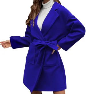 Women's Oversized Long Sleeve Tie Belt Wrap Coats Notched Lapel Loose Fit Trench Coats Warm Overcoat with Pockets