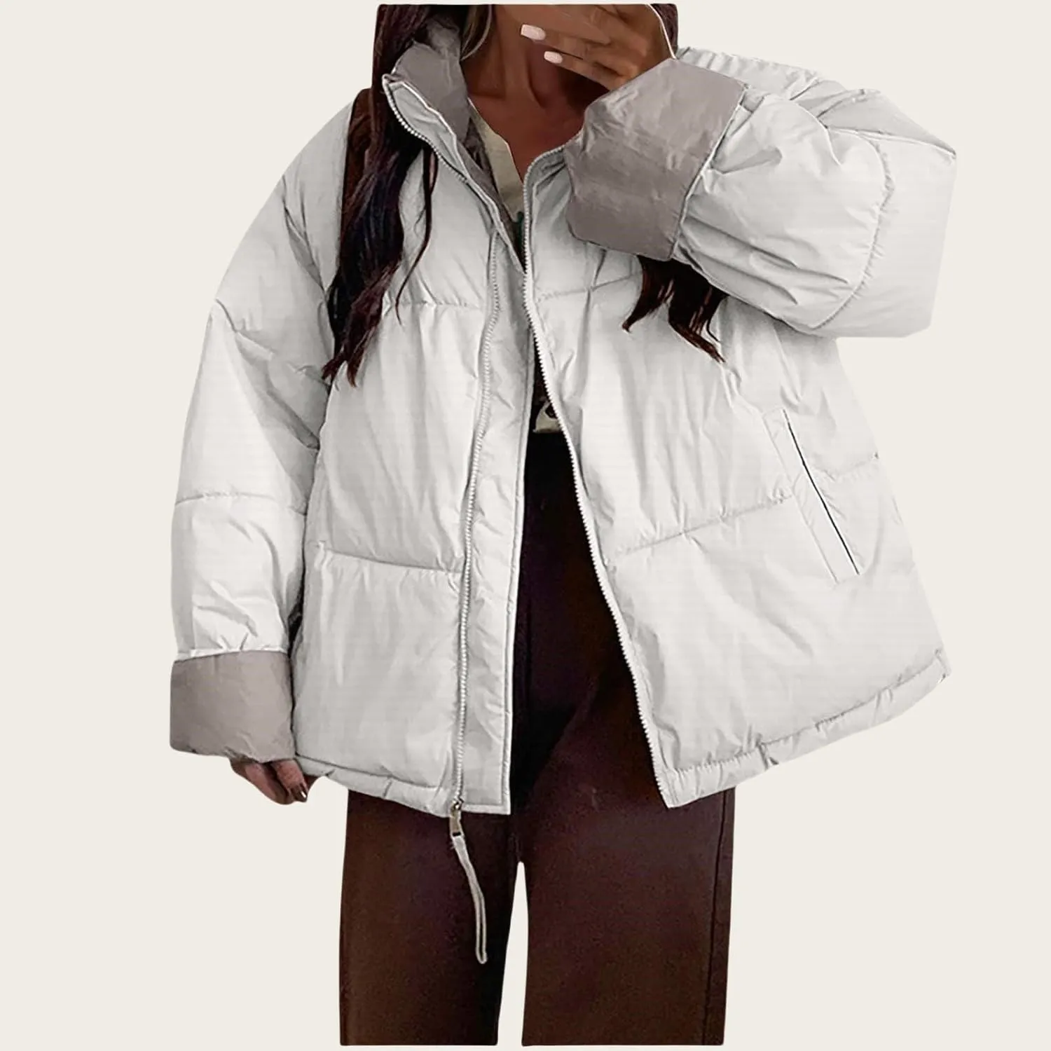 Womens Oversized Quilted Puffer Jacket Lightweight Padded Down Coats Winter Warm Outerwear