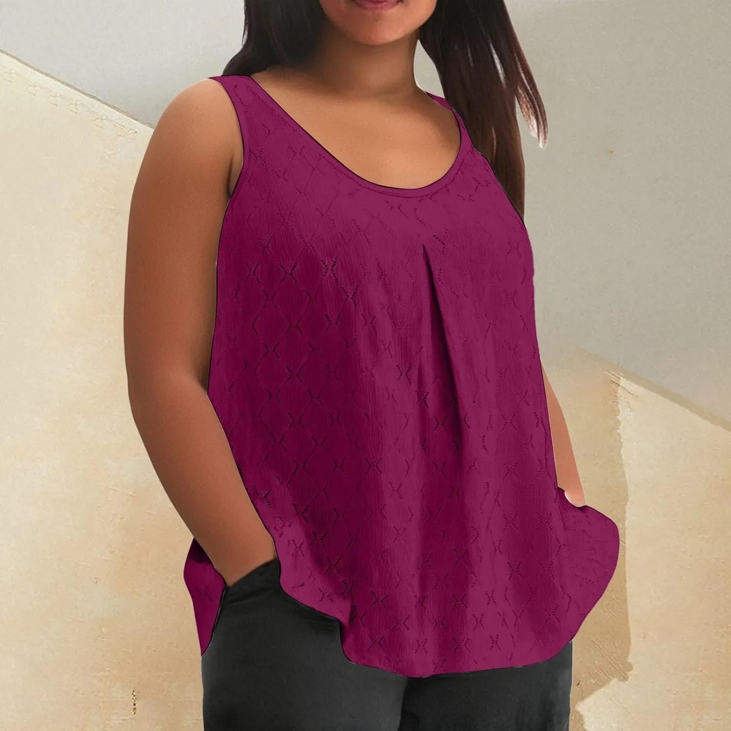 Womens Plus Size Tank Tops Sleeveless Eyelet Embroidery Scoop Neck Loose Fit Casual Summer Flowy Camisoles