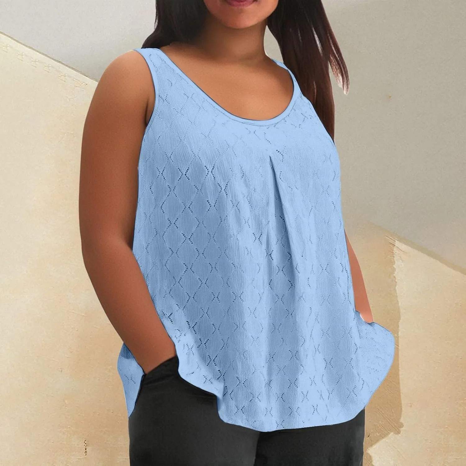 Womens Plus Size Tank Tops Sleeveless Eyelet Embroidery Scoop Neck Loose Fit Casual Summer Flowy Camisoles