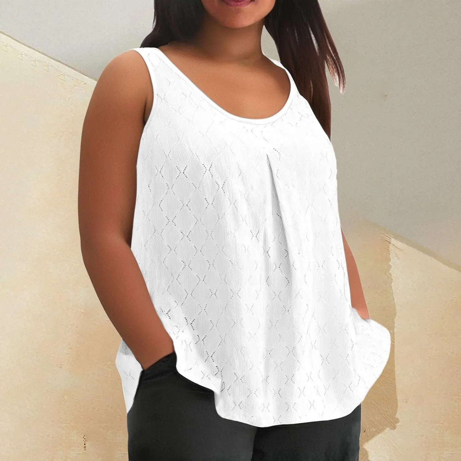 Womens Plus Size Tank Tops Sleeveless Eyelet Embroidery Scoop Neck Loose Fit Casual Summer Flowy Camisoles