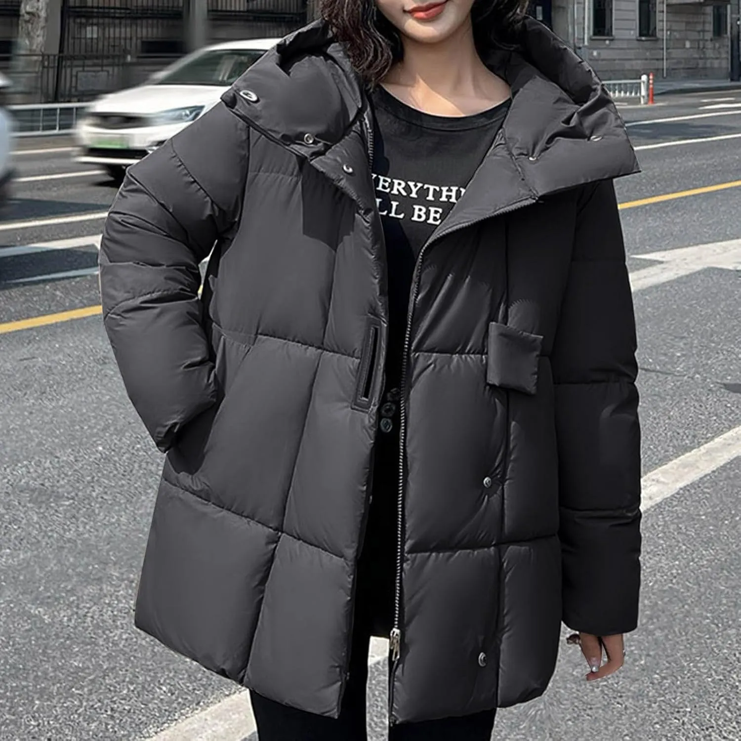 Womens Puffer Jacket with Hood Oversized Down Jacket Zip up Padded Coat Quilted Insulated Jacket Fashion Outerwear