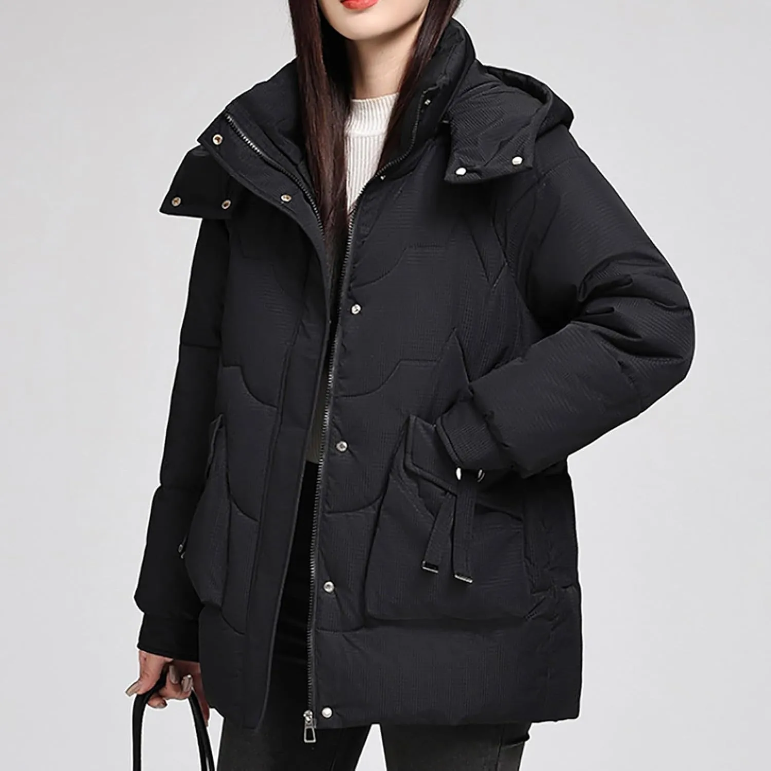 Womens Puffer Jacket with Hood Oversized Down Jacket Zip up Padded Coat Quilted Insulated Jacket Fashion Outerwear