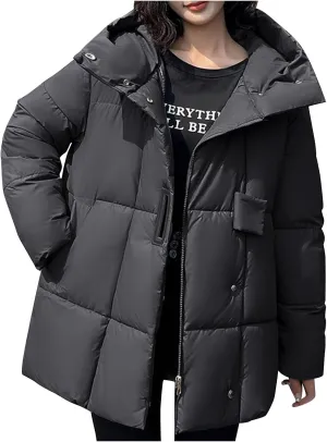 Womens Puffer Jacket with Hood Oversized Down Jacket Zip up Padded Coat Quilted Insulated Jacket Fashion Outerwear
