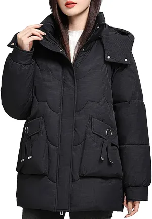 Womens Puffer Jacket with Hood Oversized Down Jacket Zip up Padded Coat Quilted Insulated Jacket Fashion Outerwear
