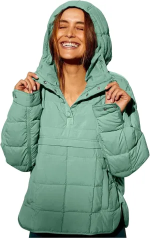 Women's Quilted Pullover Puffer Jacket Oversized Long Hooded Coats Winter Warm Lightweight Outwear with Pocket