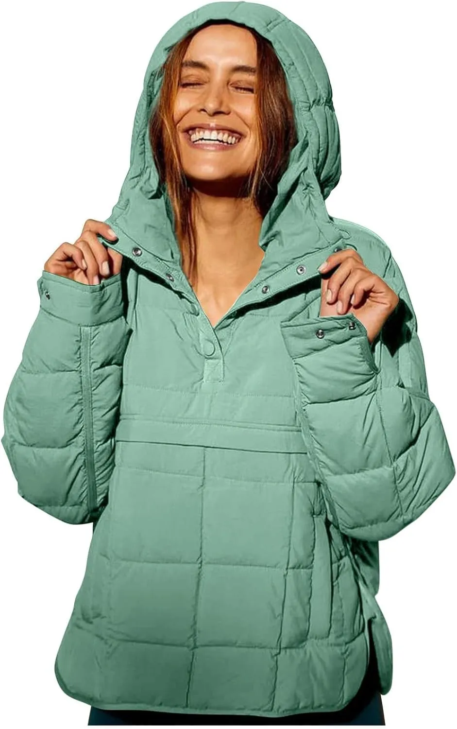 Women's Quilted Pullover Puffer Jacket Oversized Long Hooded Coats Winter Warm Lightweight Outwear with Pocket