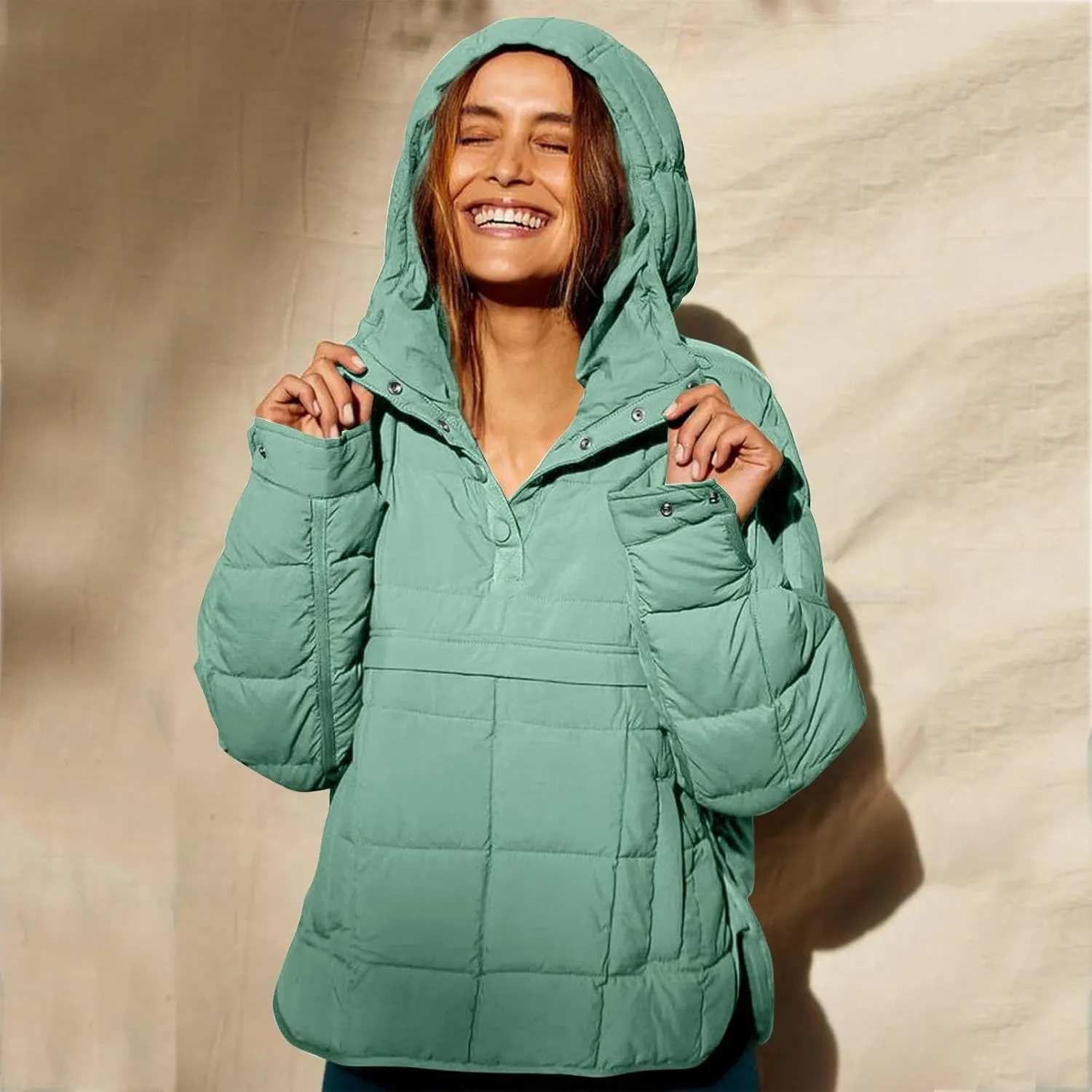 Women's Quilted Pullover Puffer Jacket Oversized Long Hooded Coats Winter Warm Lightweight Outwear with Pocket