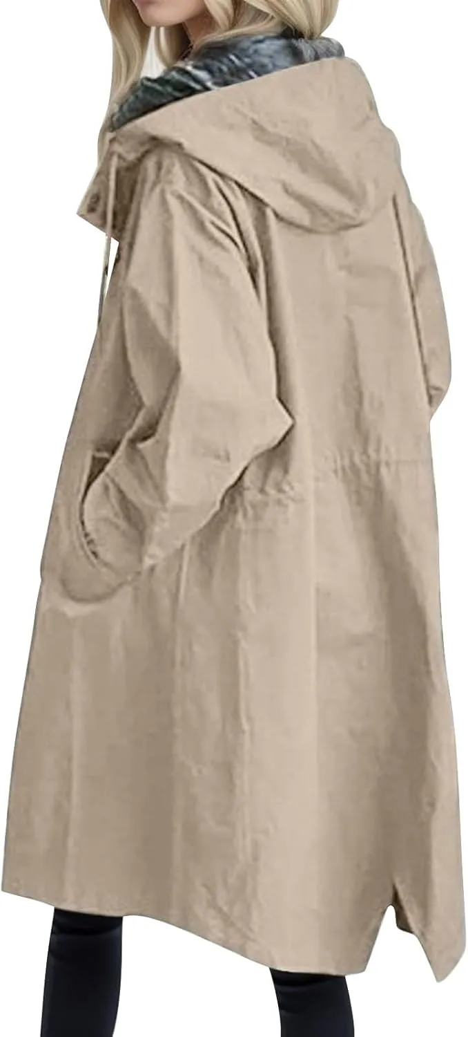 Women's Rain Jacket Autumn Winter Loose Hooded Trench Jackets Oversized Elegant Windbreaker Comfortable Coat Outwear