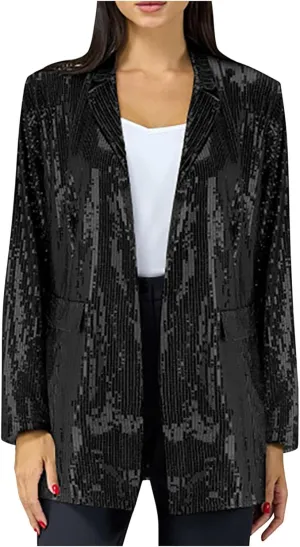 Women's Sequin Jackets Trendy Open Front Blazers Long Sleeve Sparkly Suit Jacket 2024 Casual Glitter Outfit