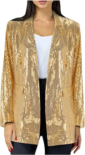 Women's Sequin Jackets Trendy Open Front Blazers Long Sleeve Sparkly Suit Jacket 2024 Casual Glitter Outfit