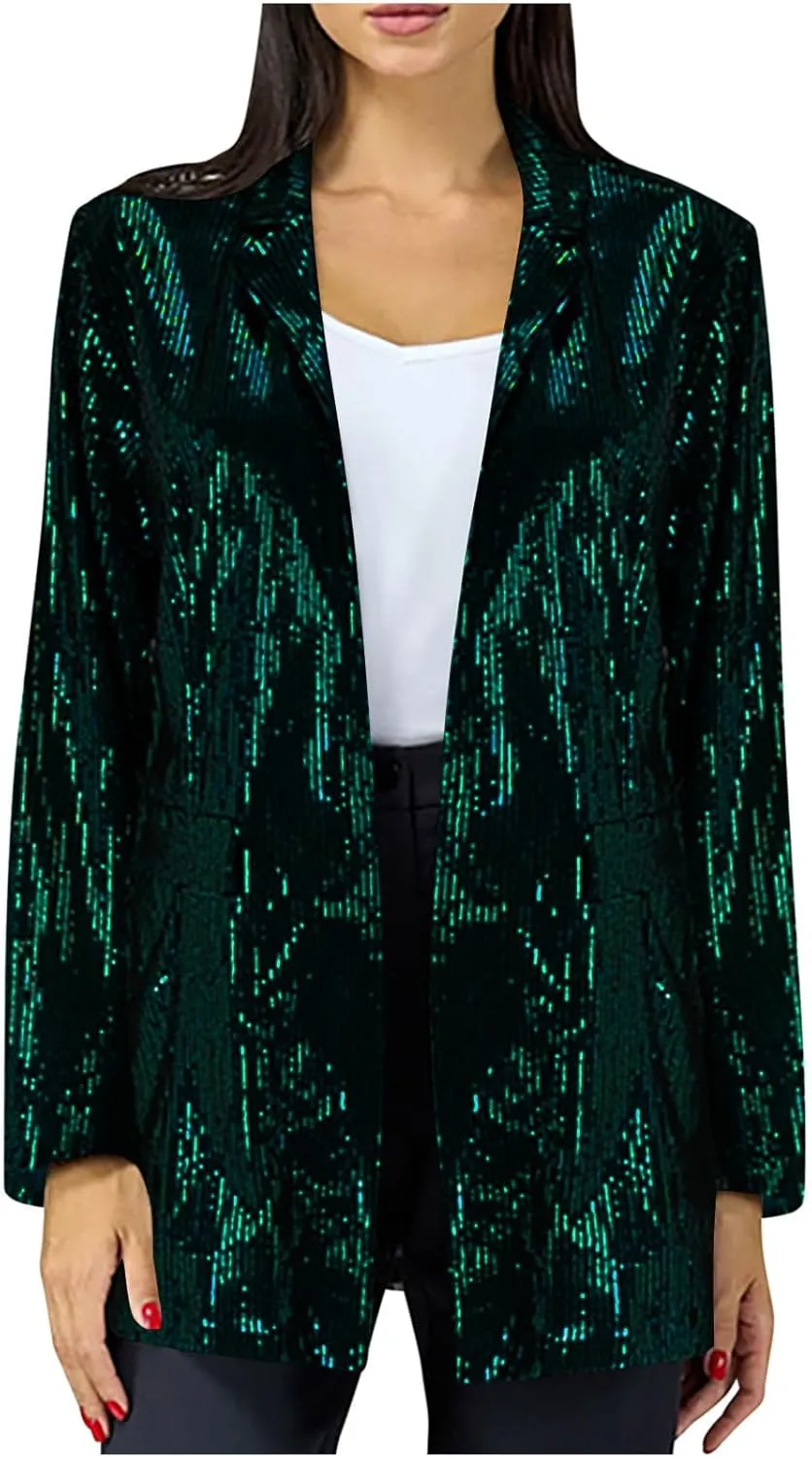 Women's Sequin Jackets Trendy Open Front Blazers Long Sleeve Sparkly Suit Jacket 2024 Casual Glitter Outfit