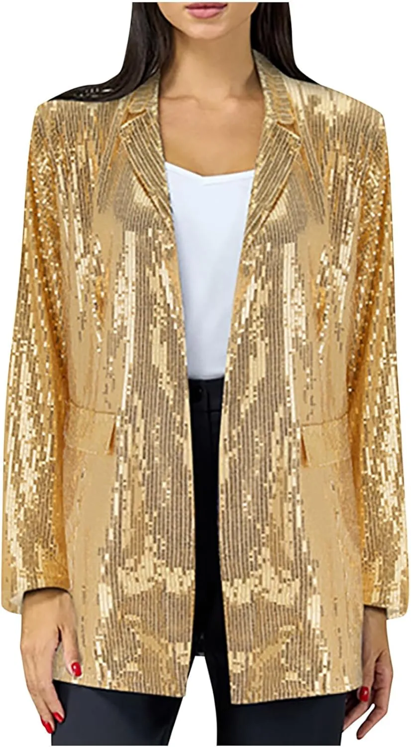 Women's Sequin Jackets Trendy Open Front Blazers Long Sleeve Sparkly Suit Jacket 2024 Casual Glitter Outfit