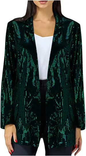 Women's Sequin Jackets Trendy Open Front Blazers Long Sleeve Sparkly Suit Jacket 2024 Casual Glitter Outfit