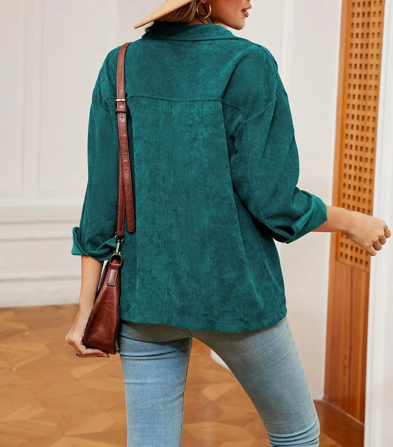 Women's Solid Corduroy Button Down Shacket Jackets Long Sleeve Casual Loose Fit Shirt Jacket 2023 Fashion Blouse Tops