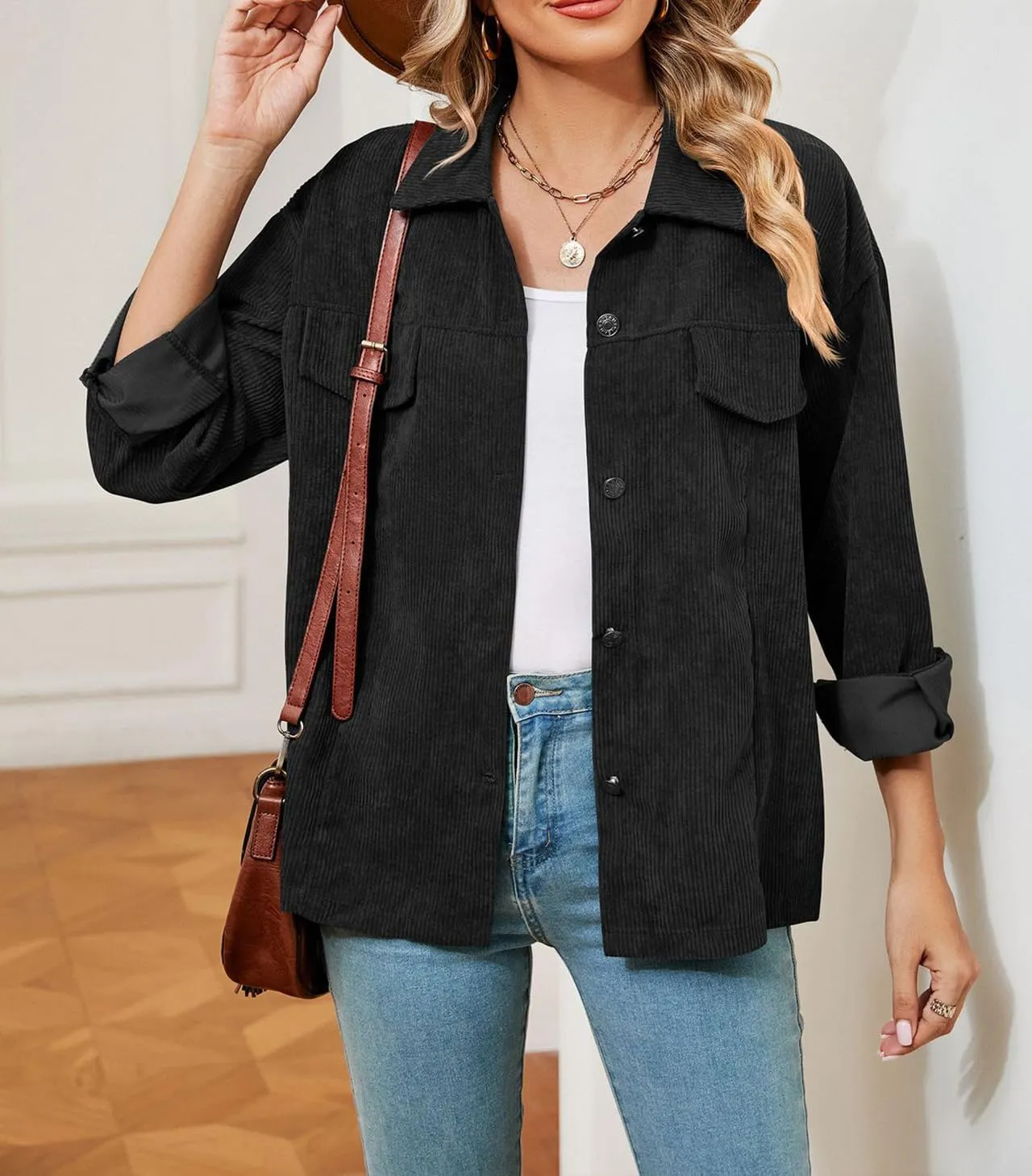 Women's Solid Corduroy Button Down Shacket Jackets Long Sleeve Casual Loose Fit Shirt Jacket 2023 Fashion Blouse Tops