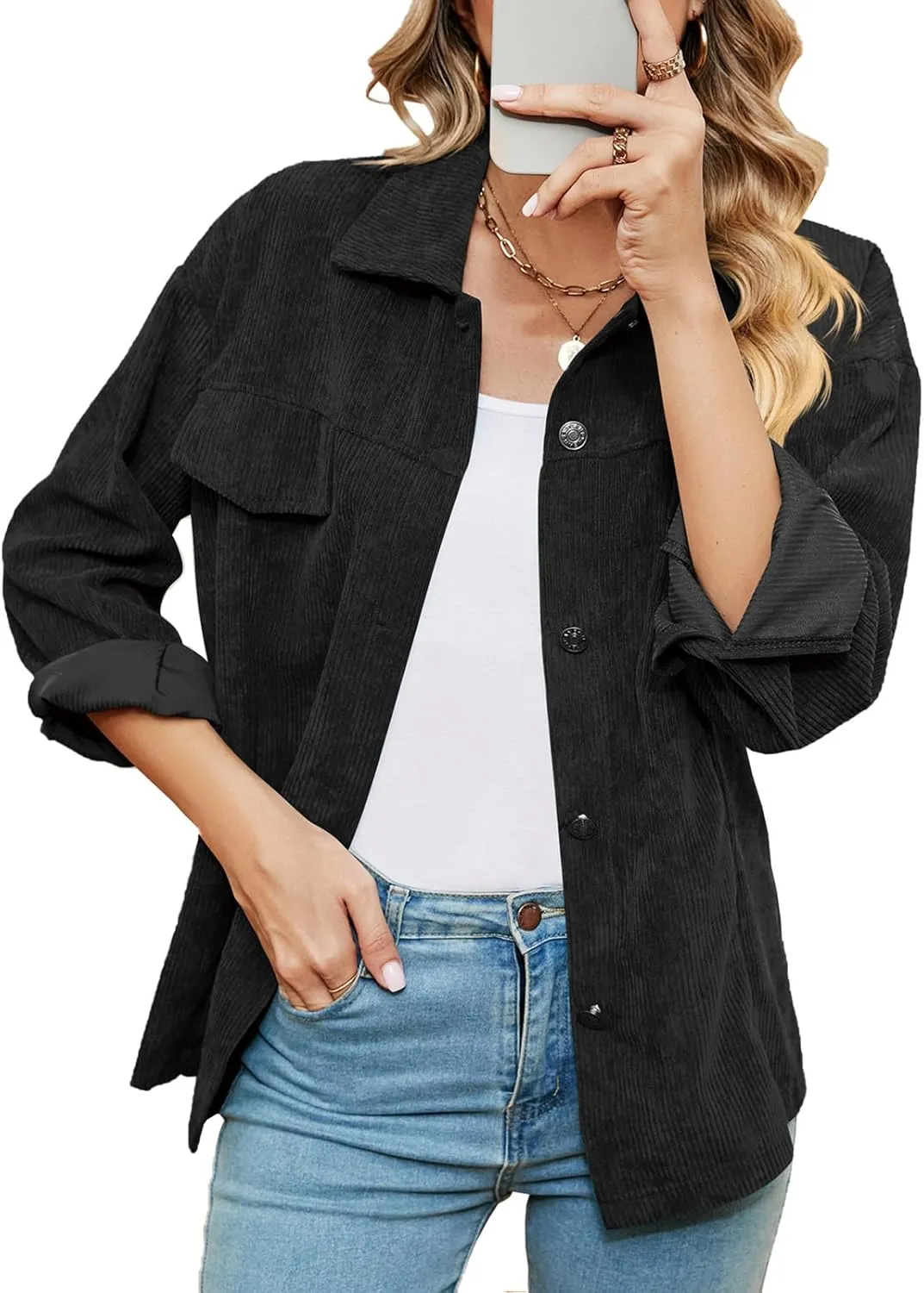 Women's Solid Corduroy Button Down Shacket Jackets Long Sleeve Casual Loose Fit Shirt Jacket 2023 Fashion Blouse Tops