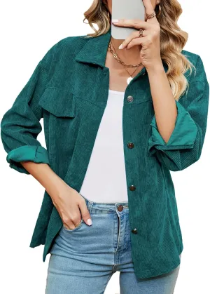 Women's Solid Corduroy Button Down Shacket Jackets Long Sleeve Casual Loose Fit Shirt Jacket 2023 Fashion Blouse Tops