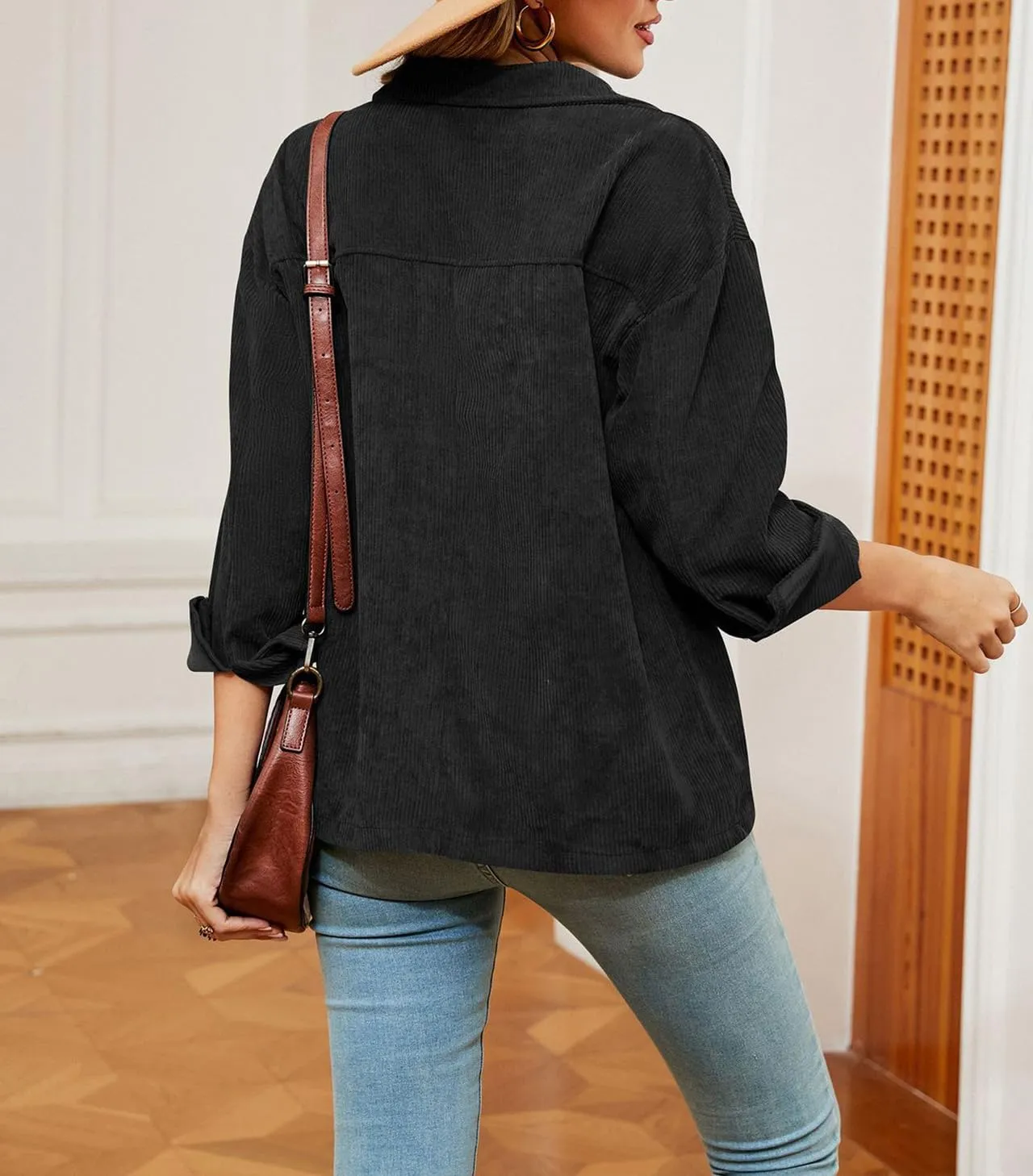 Women's Solid Corduroy Button Down Shacket Jackets Long Sleeve Casual Loose Fit Shirt Jacket 2023 Fashion Blouse Tops