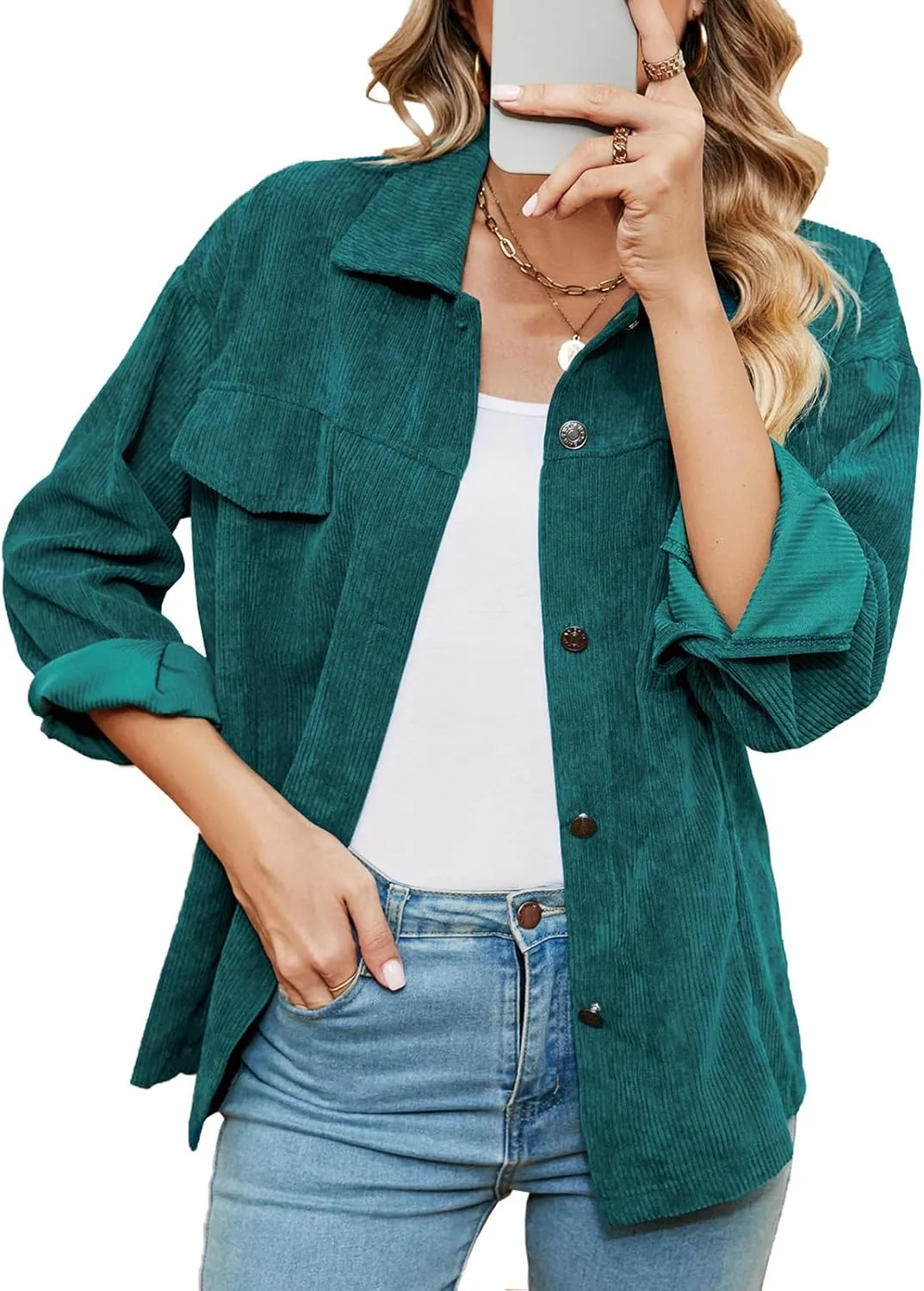 Women's Solid Corduroy Button Down Shacket Jackets Long Sleeve Casual Loose Fit Shirt Jacket 2023 Fashion Blouse Tops