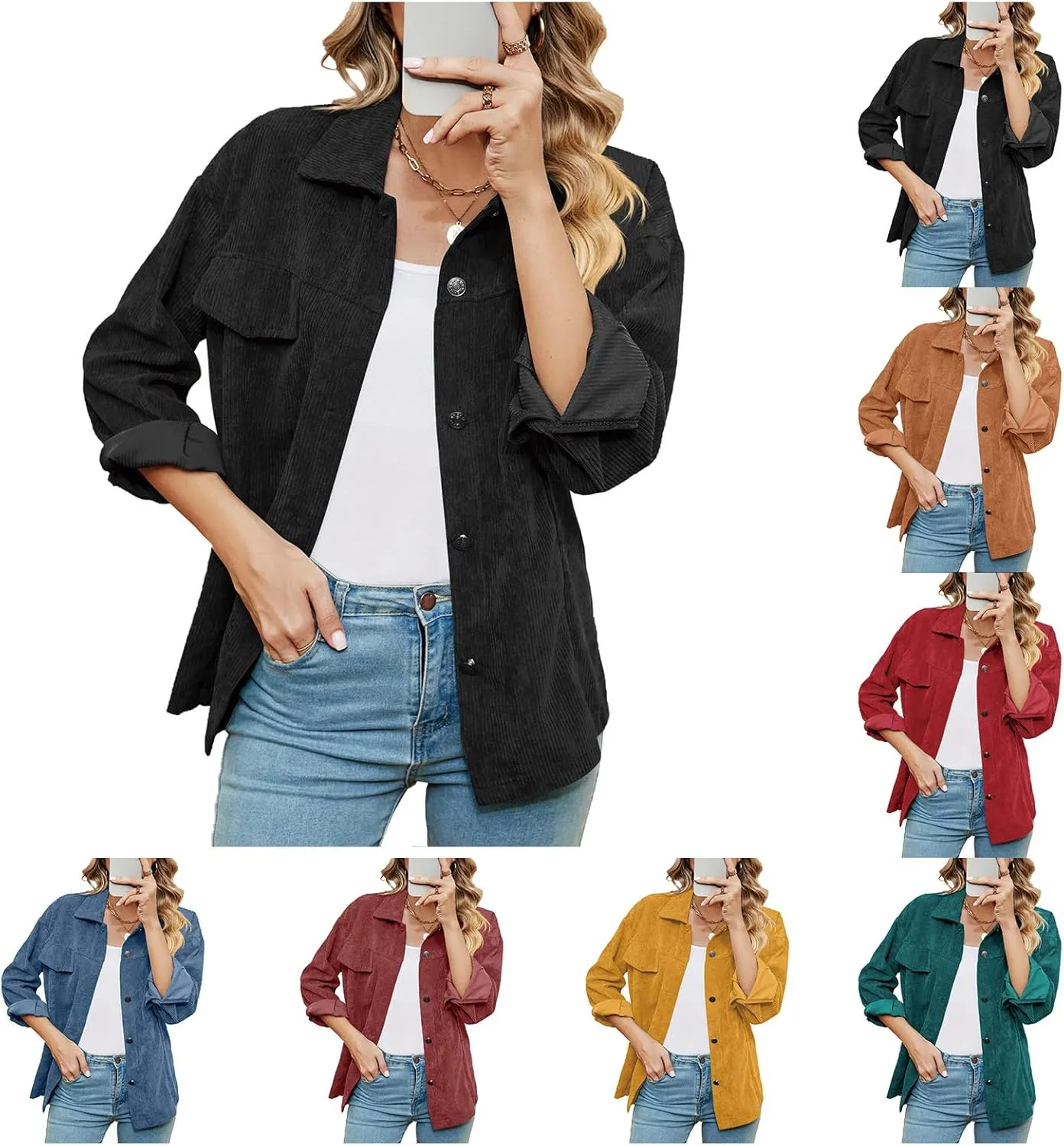Women's Solid Corduroy Button Down Shacket Jackets Long Sleeve Casual Loose Fit Shirt Jacket 2023 Fashion Blouse Tops
