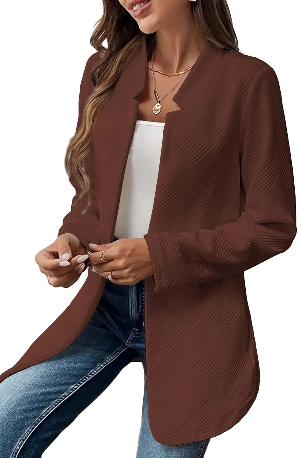 Womens Striped Tweed Blazer 2024 Fall Long Causal Open Front Notched Collarless Work Office Sweater Jackets