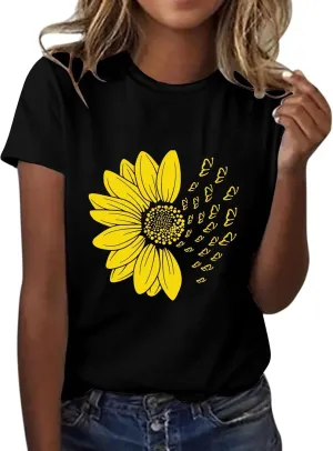 Women's Summer Sunflower T Shirt Cute Flower Graphic Loose Tees Crew Neck Short Sleeve Casual Tops
