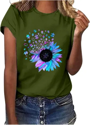 Women's Summer Sunflower T Shirt Cute Flower Graphic Loose Tees Crew Neck Short Sleeve Casual Tops