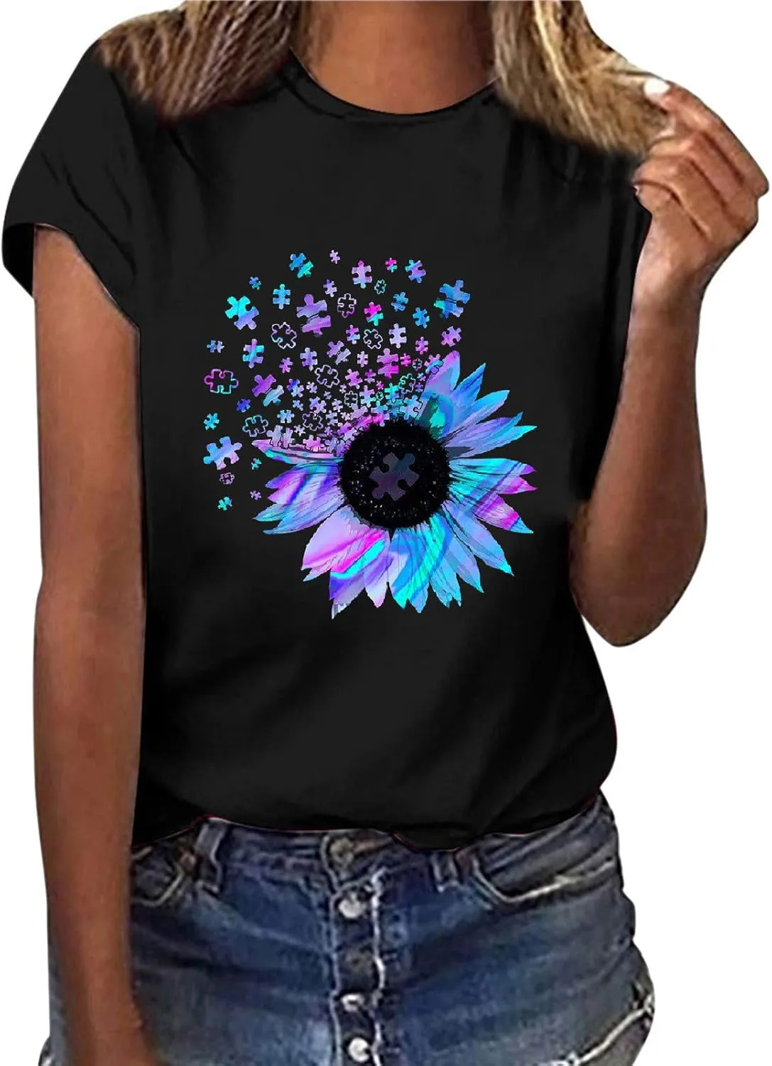 Women's Summer Sunflower T Shirt Cute Flower Graphic Loose Tees Crew Neck Short Sleeve Casual Tops