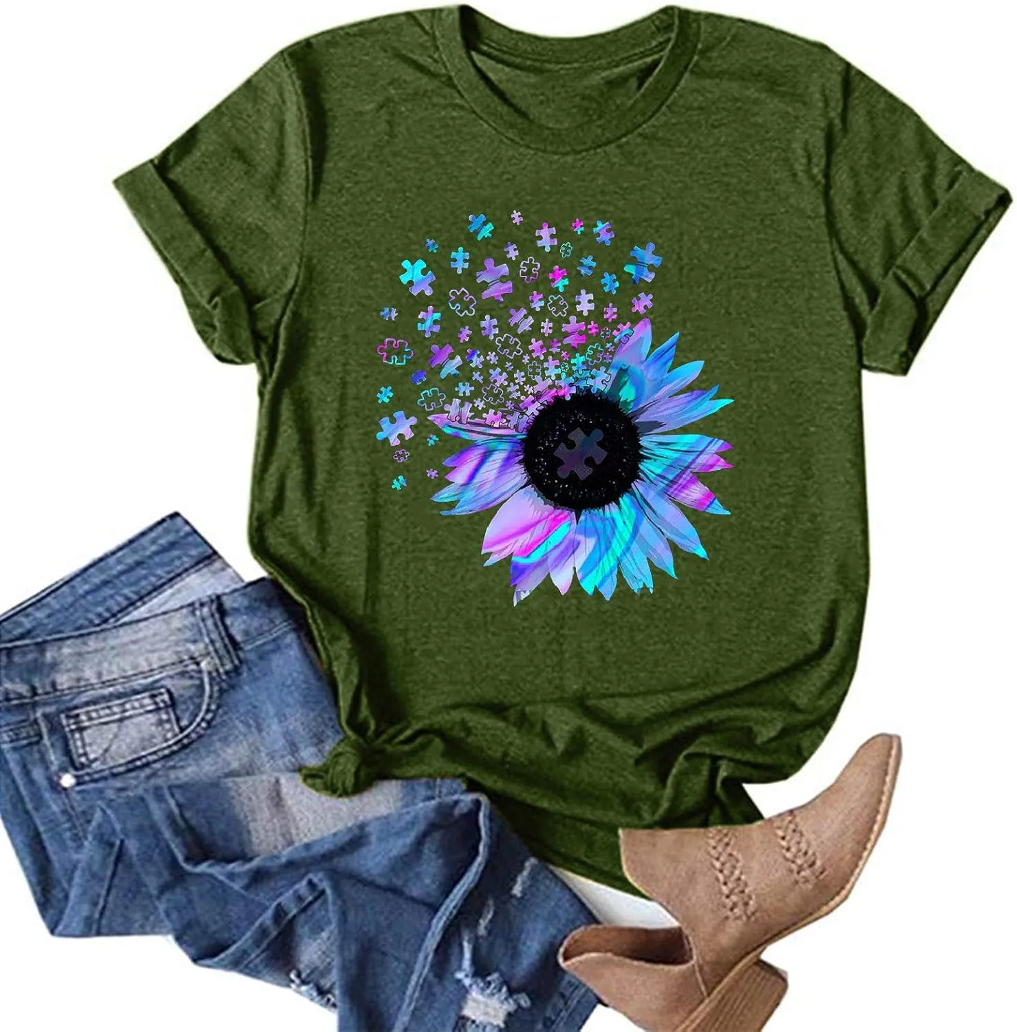 Women's Summer Sunflower T Shirt Cute Flower Graphic Loose Tees Crew Neck Short Sleeve Casual Tops