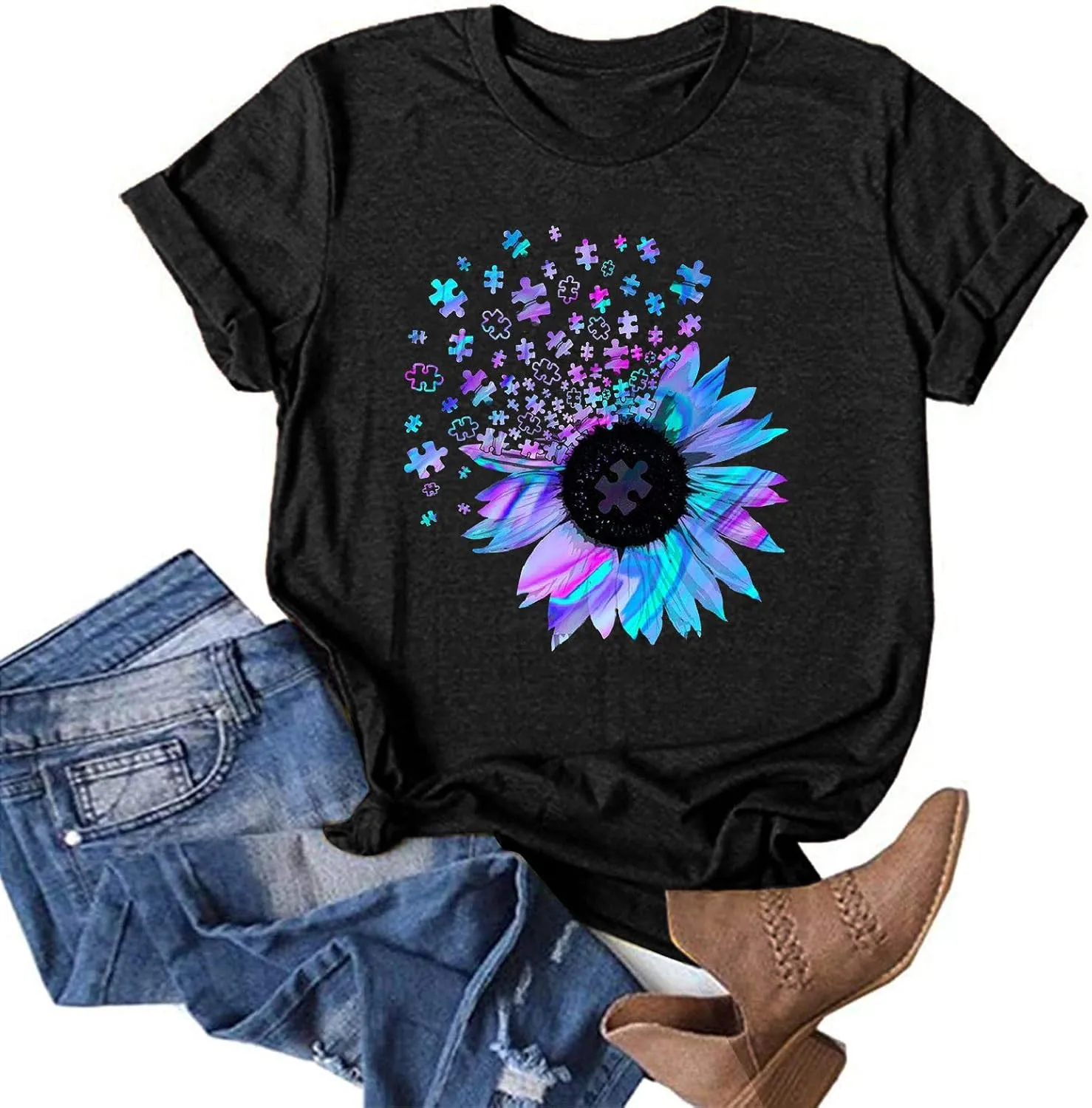 Women's Summer Sunflower T Shirt Cute Flower Graphic Loose Tees Crew Neck Short Sleeve Casual Tops