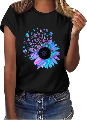 Women's Summer Sunflower T Shirt Cute Flower Graphic Loose Tees Crew Neck Short Sleeve Casual Tops