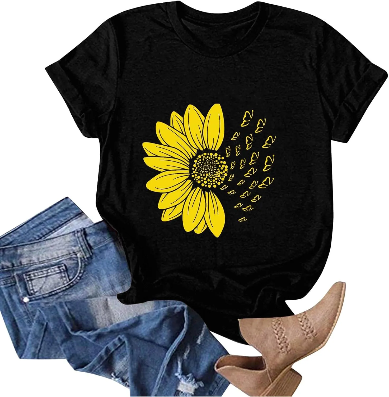 Women's Summer Sunflower T Shirt Cute Flower Graphic Loose Tees Crew Neck Short Sleeve Casual Tops