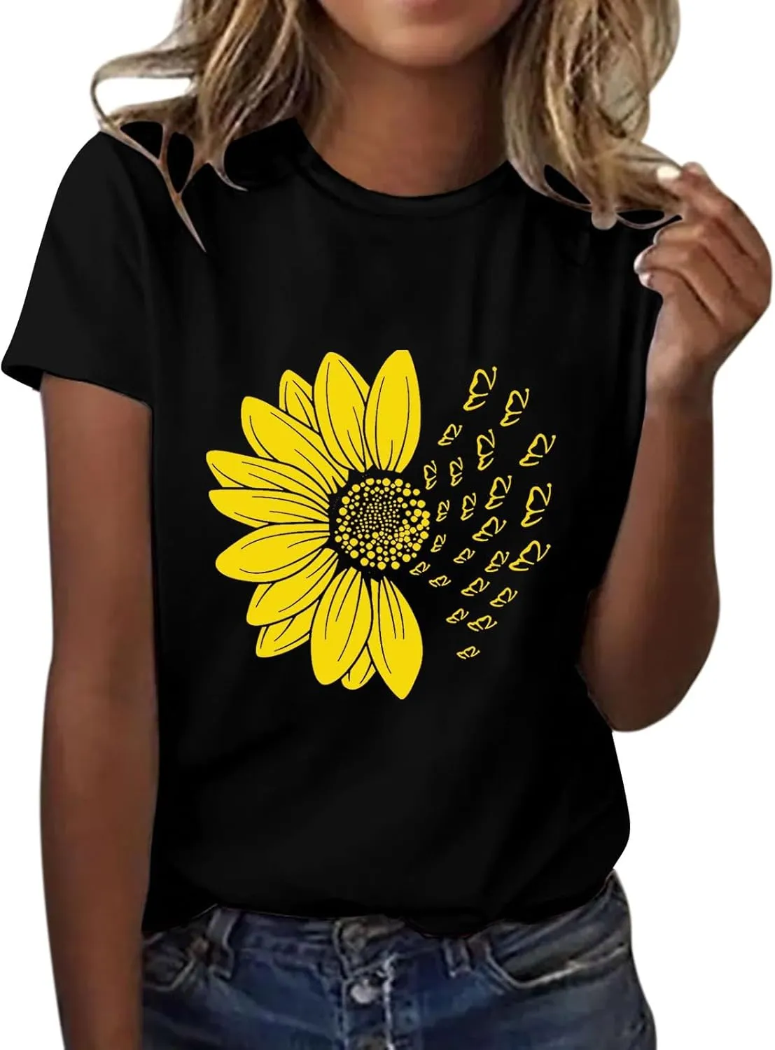 Women's Summer Sunflower T Shirt Cute Flower Graphic Loose Tees Crew Neck Short Sleeve Casual Tops