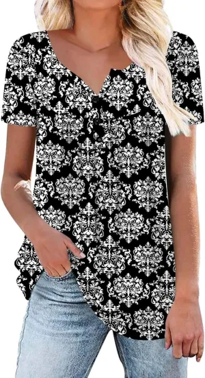 Womens Summer Tops Pleated Crewneck Short Sleeve Shirts Trendy Tunic Tops Plus Size Blouse Casual Workout Shirt