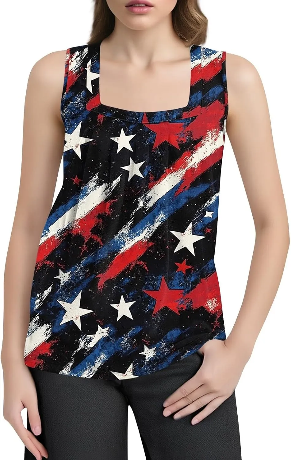 Womens Tank Tops for Women - Loose Fit Pleated Square Neck Sleeveless Tops Curved Hem Flowy Loose Fit Shirts 2025