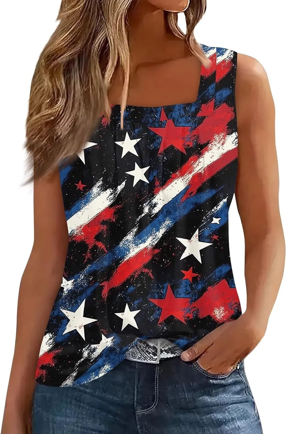 Womens Tank Tops for Women - Loose Fit Pleated Square Neck Sleeveless Tops Curved Hem Flowy Loose Fit Shirts 2025