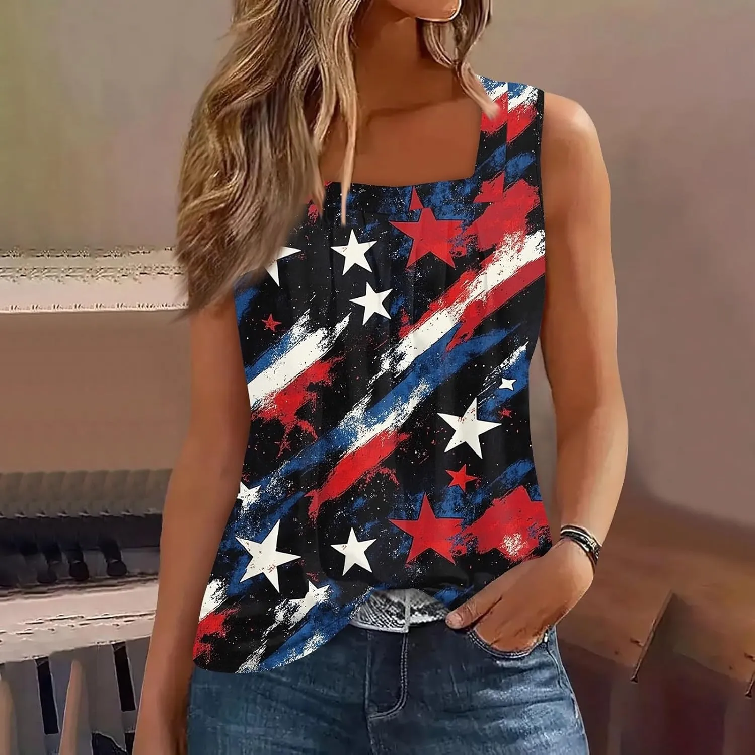 Womens Tank Tops for Women - Loose Fit Pleated Square Neck Sleeveless Tops Curved Hem Flowy Loose Fit Shirts 2025