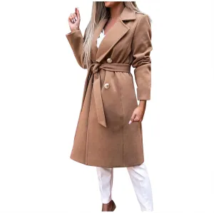 Women's Trench Coats Double Breasted Woolen Blend Pea Coats Elegant Long Belted Overcoat Winter Coat Office Cardigan