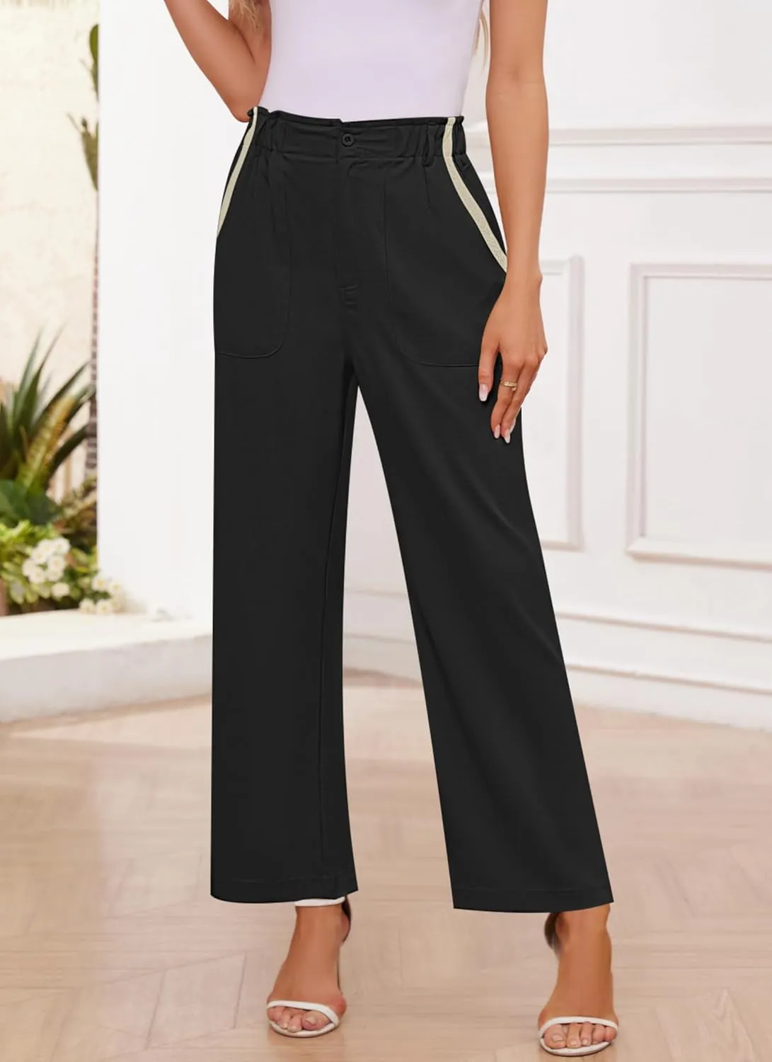 Womens Wide Leg Dress Pants Trousers High Waisted Buttoned Tailored Dressy Pants Casual Palazzo Straight Leg Pants