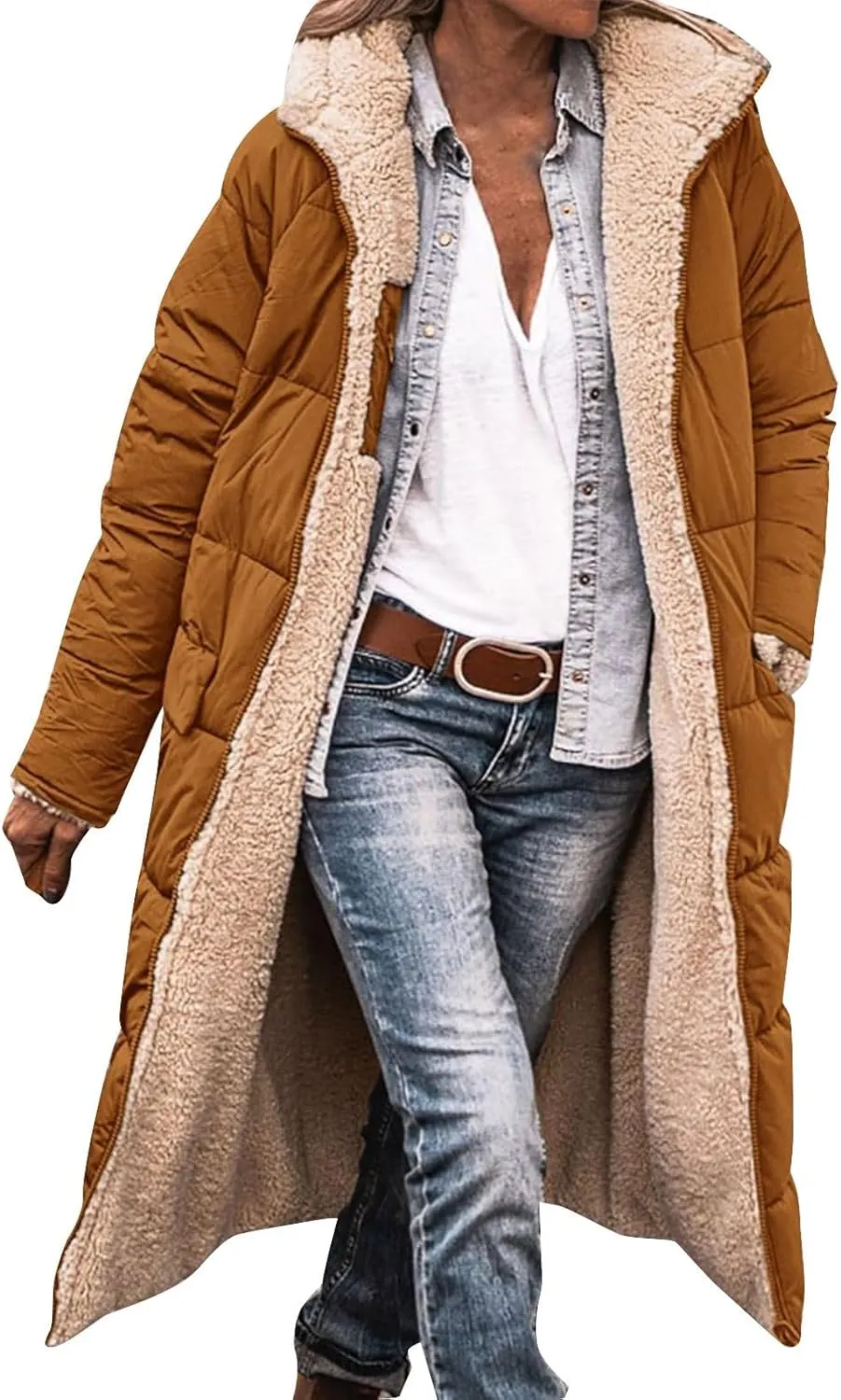 Womens Winter Coat Jacket Fleece Lined Long Sleeve Outwear Full Zipper Solid Coat Winter Warm Down Jacket with