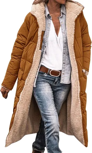 Womens Winter Coat Jacket Fleece Lined Long Sleeve Outwear Full Zipper Solid Coat Winter Warm Down Jacket with
