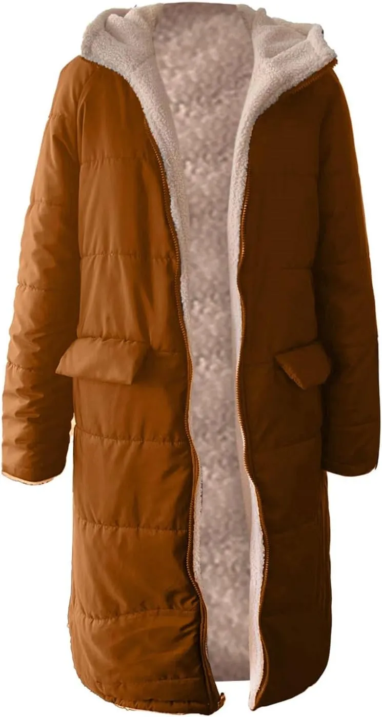 Womens Winter Coat Jacket Fleece Lined Long Sleeve Outwear Full Zipper Solid Coat Winter Warm Down Jacket with