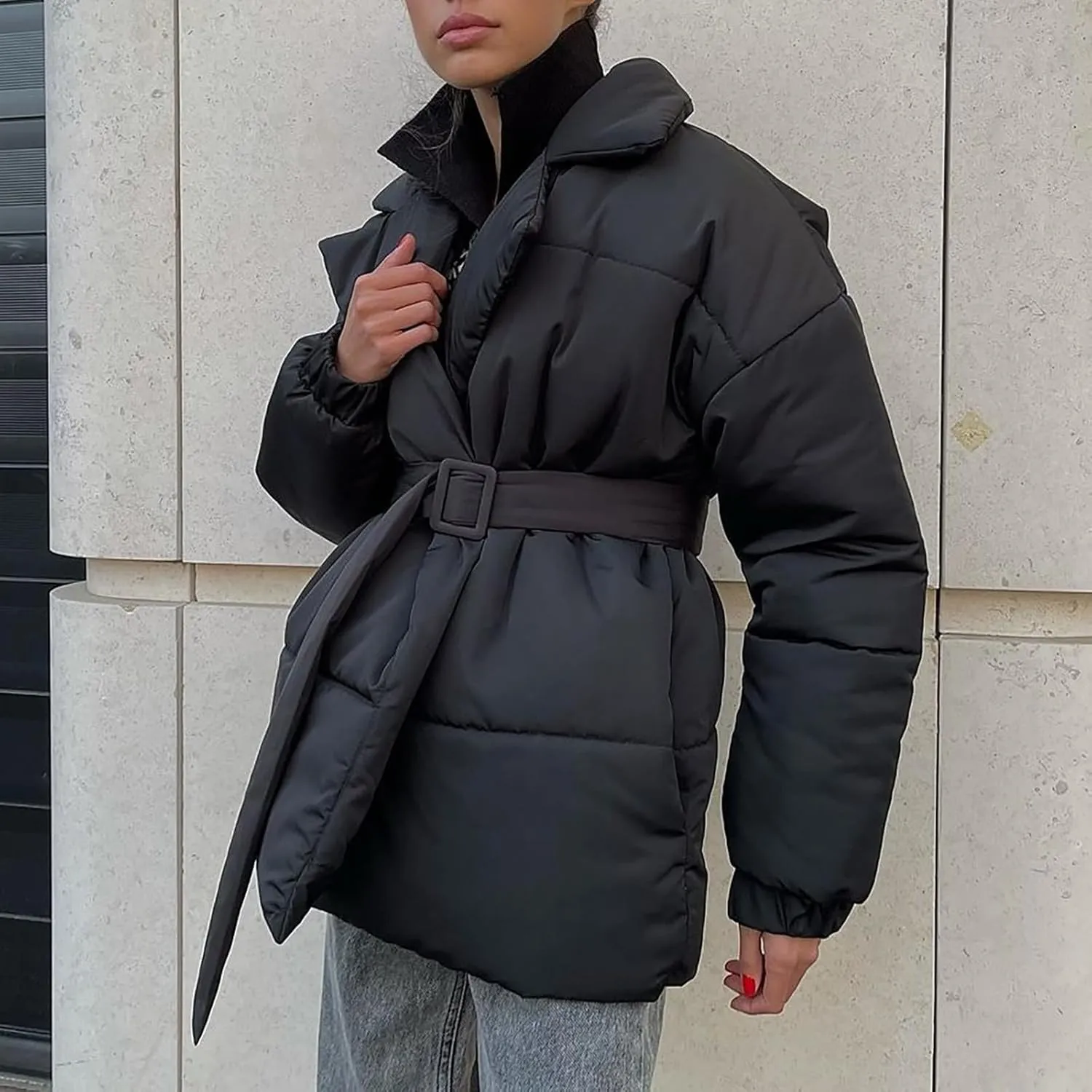 Womens Winter Coats Fashion Belted Puffer Jacket Lightweight Quilted Hooded Long Down Jacket Padded Parka Wrap Coats